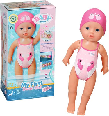 BABY born 834060 My First Swim Girl, Muñeca de 30 cm con bañador y gorro no removibles para jugar en el agua, No necesita pilas, Edad: a partir de 1 año